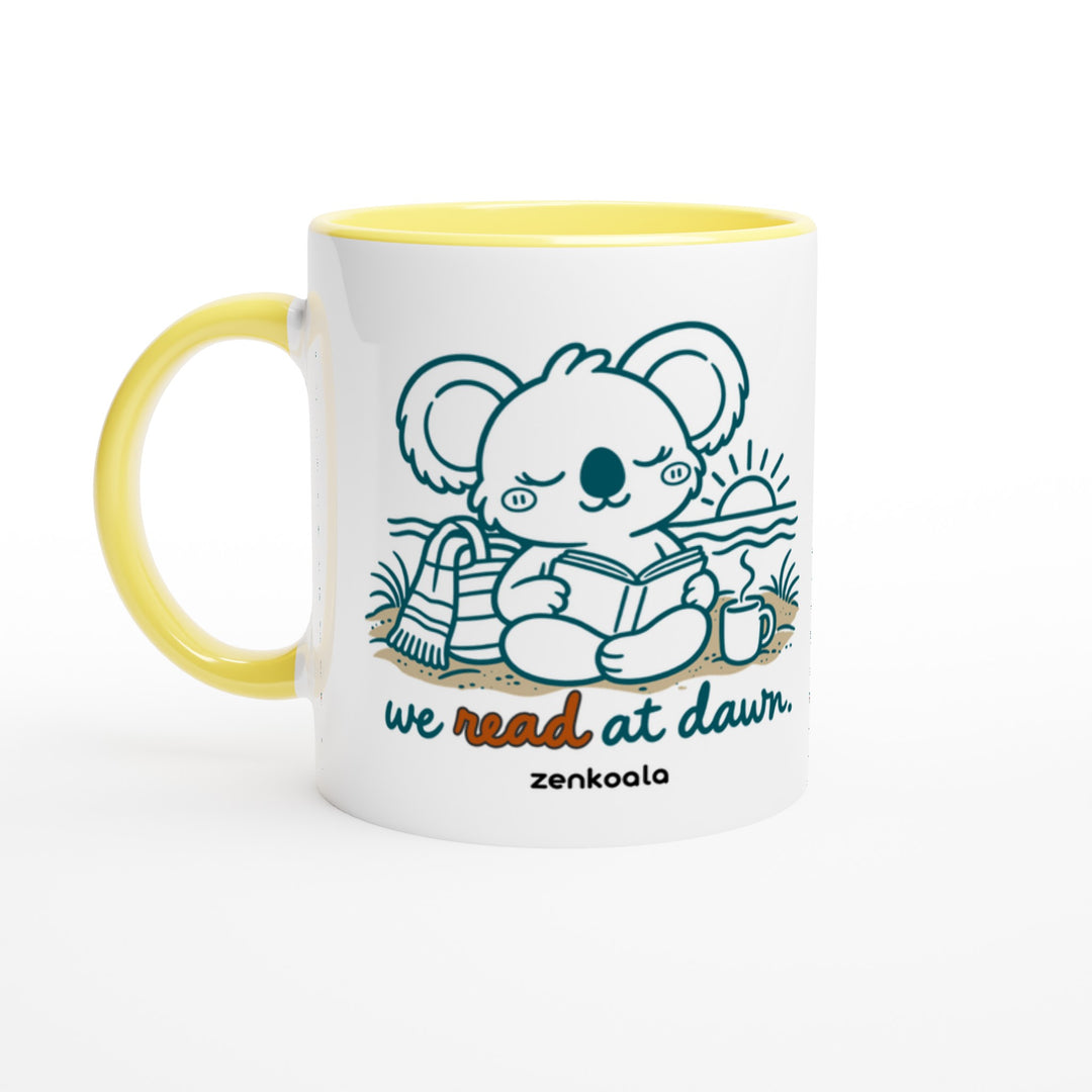 We Read at Dawn mug in yellow: white with a yellow rim, inside and handle, Zen Koala Australia
