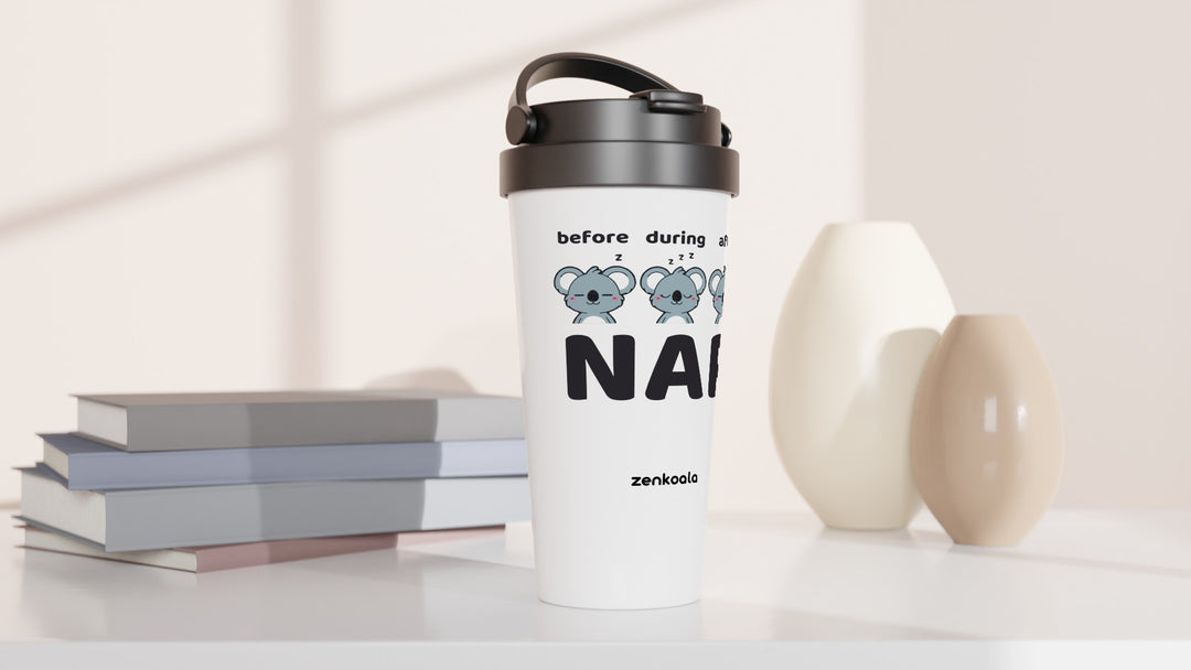 Before Nap Nap After Nap Koala travel mug beside books and vases, Zen Koala Australia