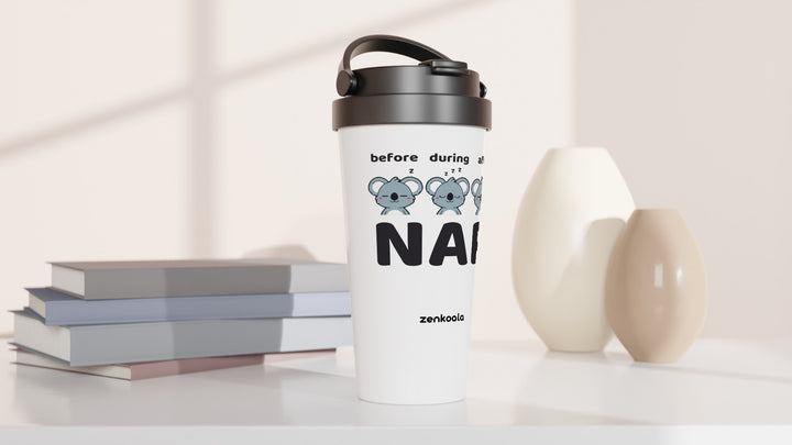 Before Nap Nap After Nap Koala travel mug beside books and vases, Zen Koala Australia