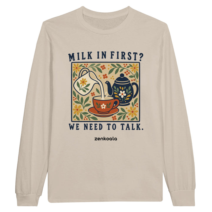 Milk in First feel-good long sleeve tee in sand: a folk-art milk jug, teapot and teacup, Zen Koala Australia