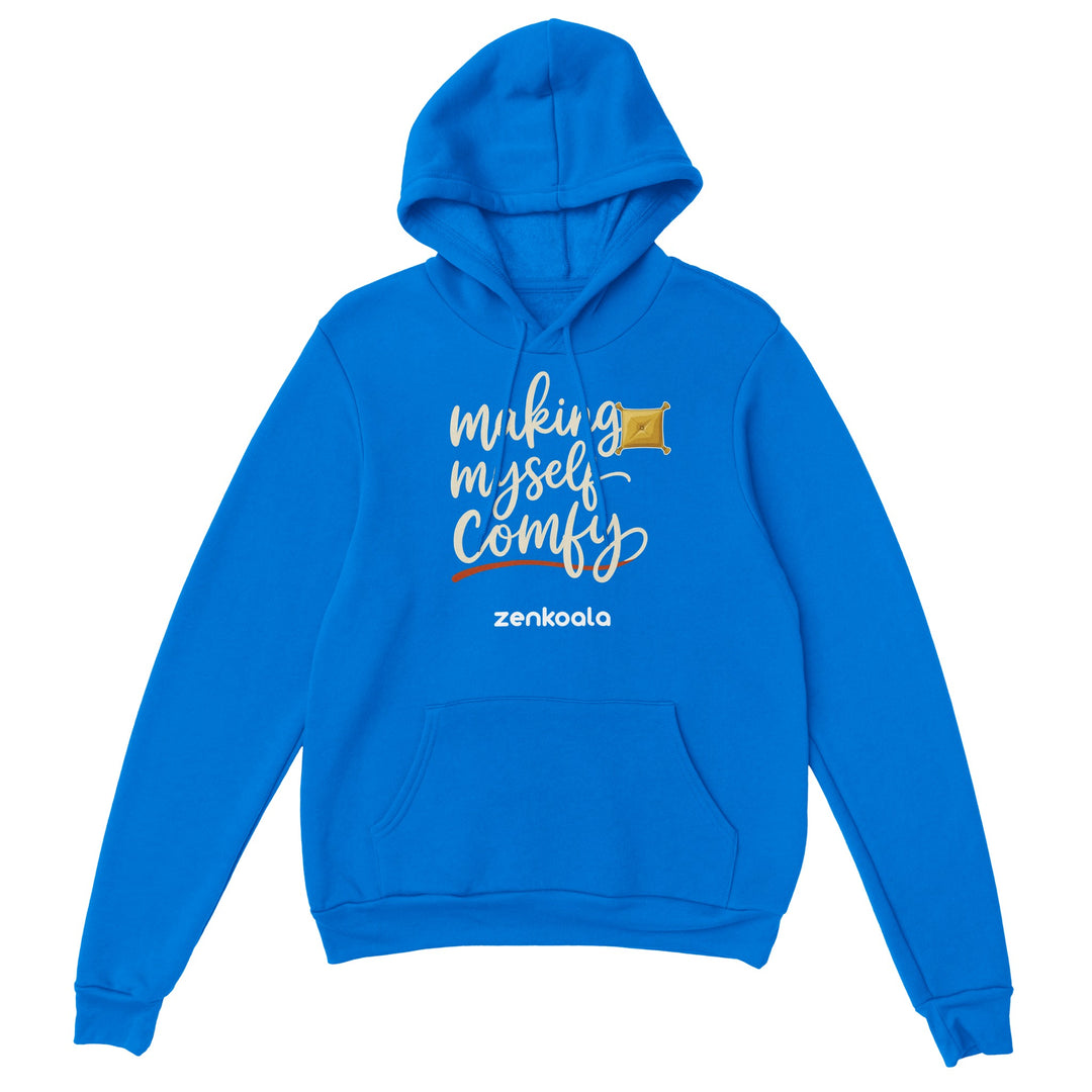 Making Myself Comfy feel-good hoodie in Royal — hand-lettered script with a plump tasselled cushion, Zen Koala Australia