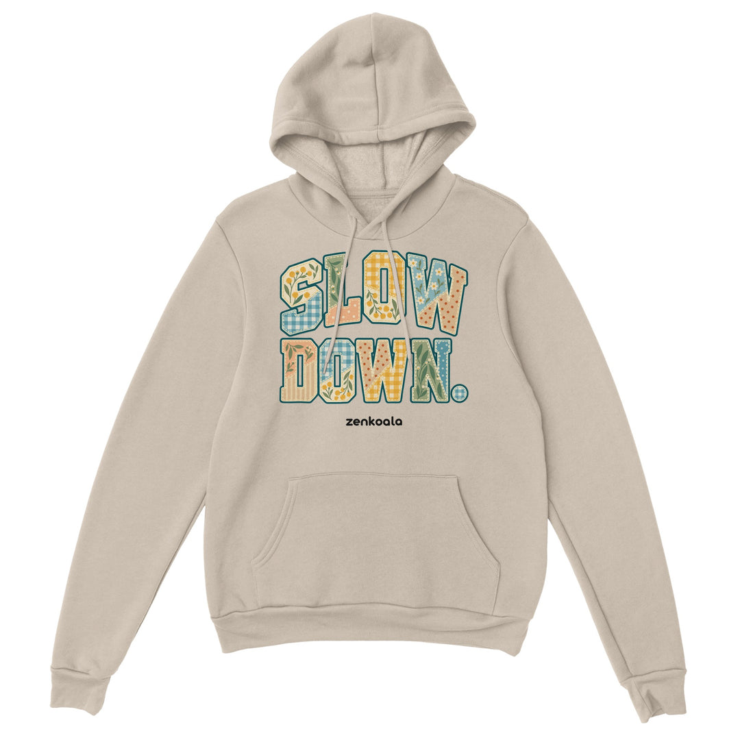 Slow Down Faux Patchwork feel-good hoodie in sand, Zen Koala Australia