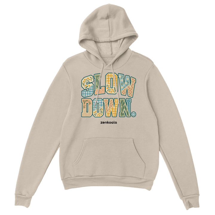 Slow Down Faux Patchwork feel-good hoodie in sand, Zen Koala Australia