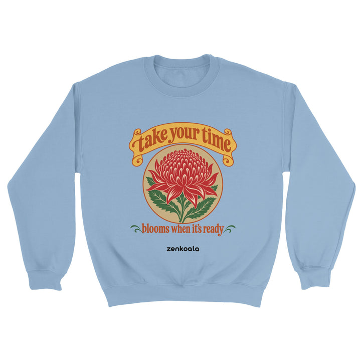 Take Your Time feel-good sweatshirt in light blue, Zen Koala Australia
