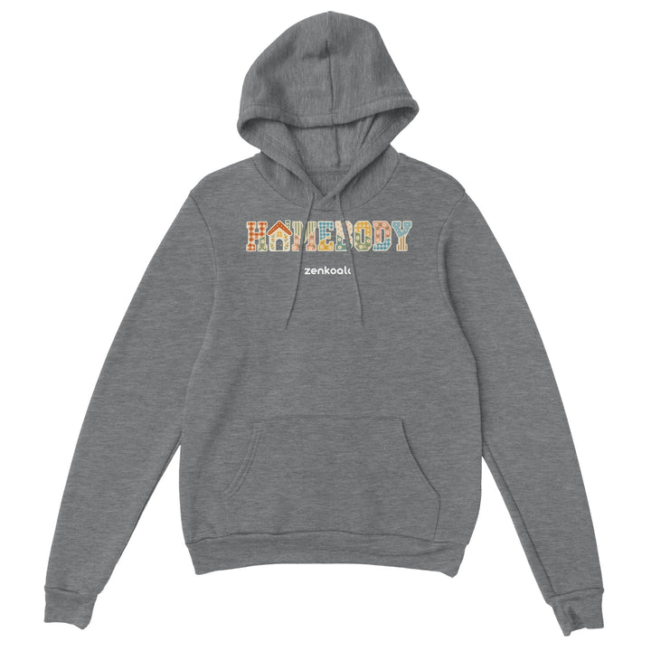 Homebody Faux Patchwork feel-good hoodie in sport grey: cosy faux patchwork letters with a little house, Zen Koala Australia