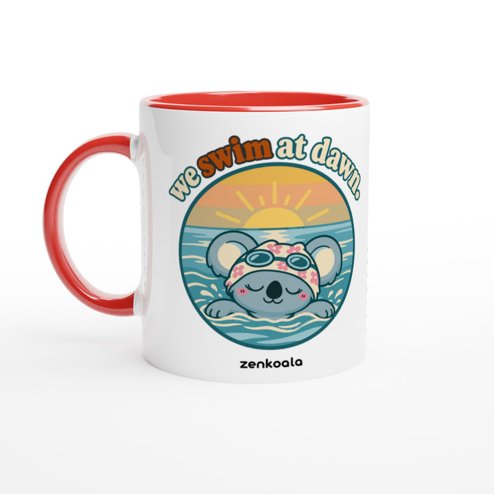 We Swim at Dawn mug in red: white with a red rim, inside and handle, Zen Koala Australia