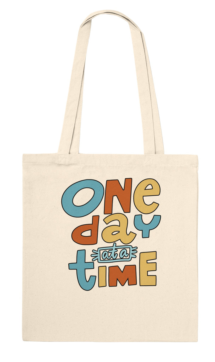One Day at a Time feel-good tote bag in natural: bright retro letters, one day at a time, Zen Koala Australia