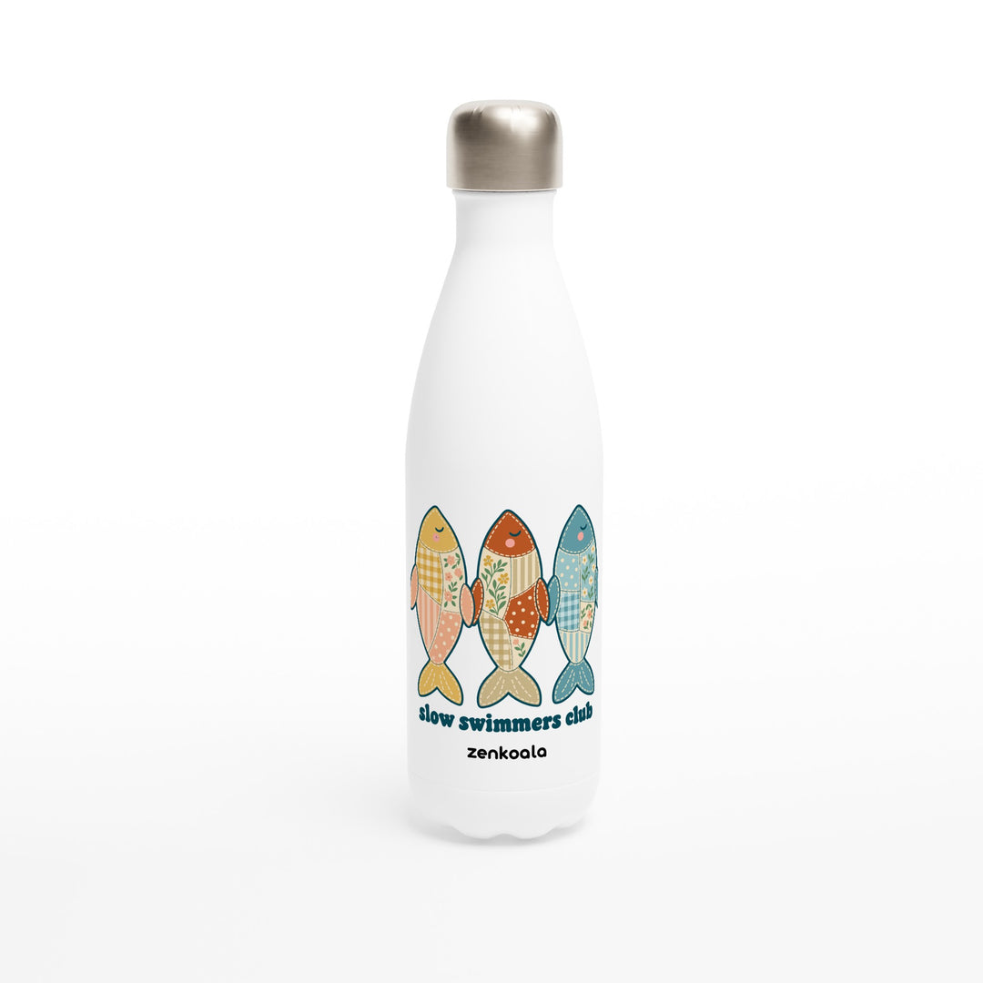Slow Swimmers Club feel-good water bottle: three sleepy faux patchwork fish, Zen Koala Australia