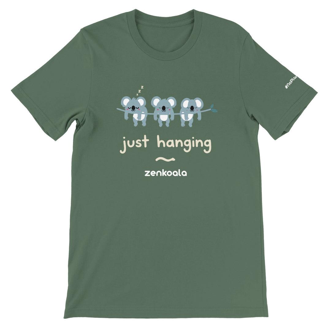 Just Hanging feel-good tee in military green — three sleepy koalas on a gum branch, Zen Koala Australia