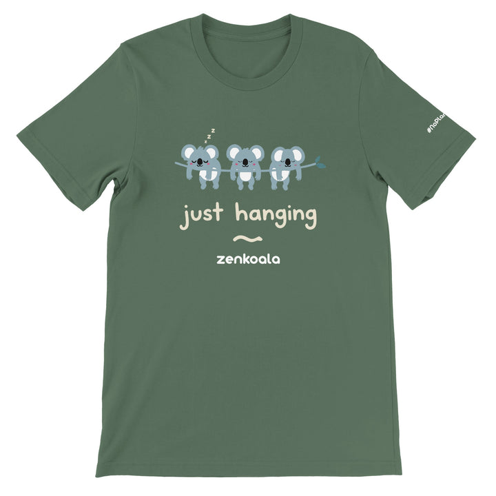Just Hanging feel-good tee in military green — three sleepy koalas on a gum branch, Zen Koala Australia