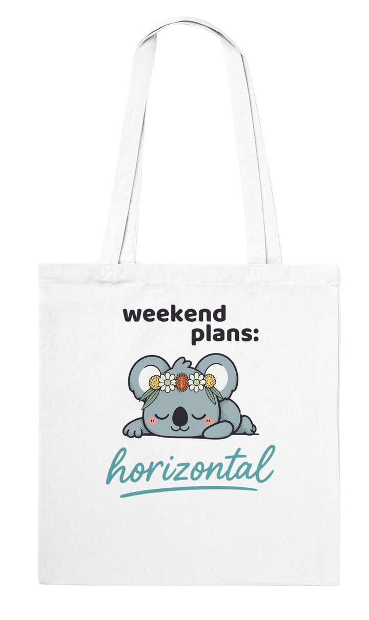 Weekend Plans Horizontal Koala feel-good tote bag in white: a sleepy koala in a wildflower crown, Zen Koala Australia