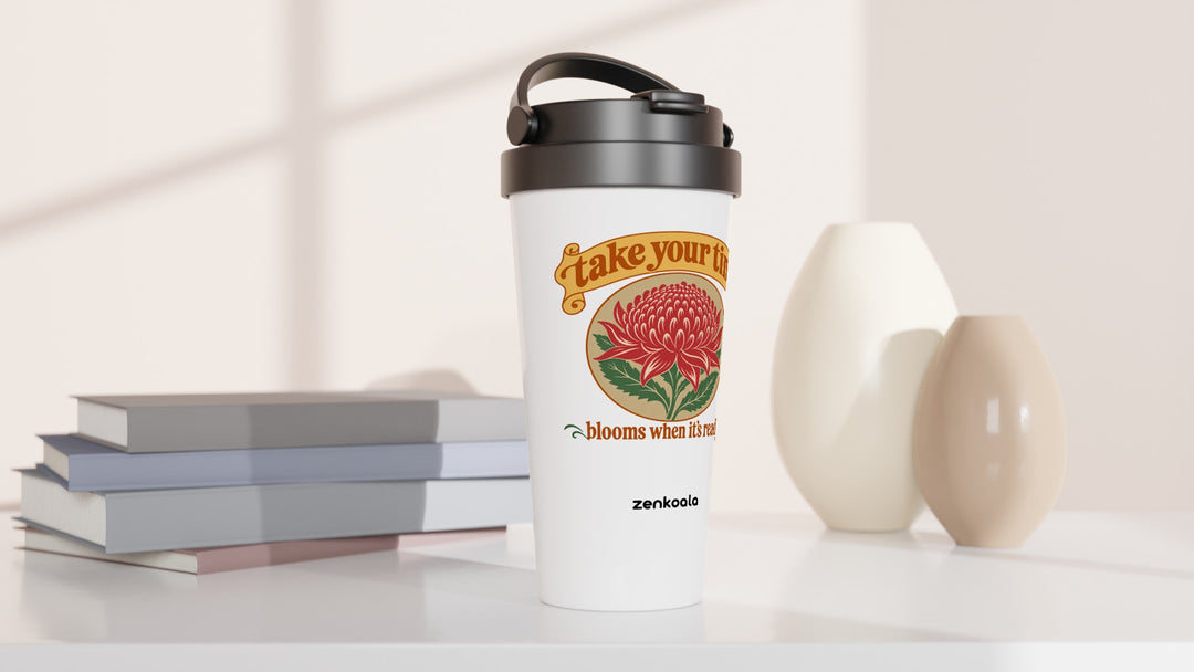 Take Your Time travel mug beside books and vases, Zen Koala Australia