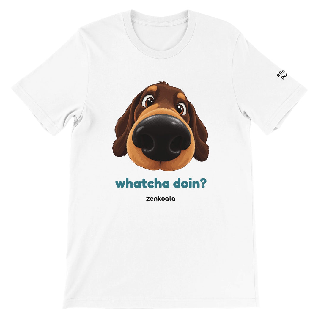 Whatcha Doin? feel-good tee in white, Zen Koala Australia