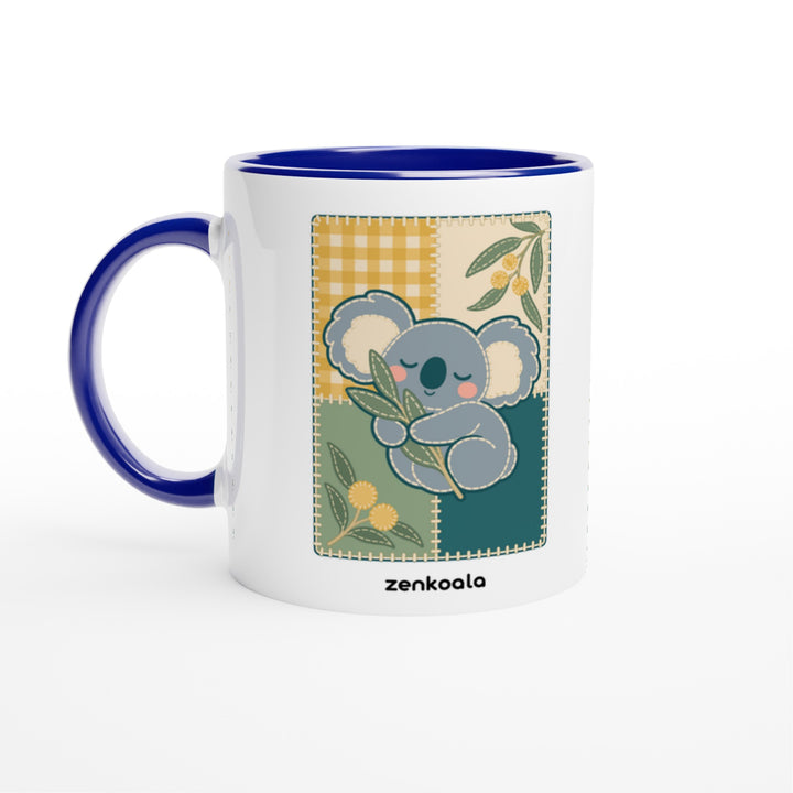 Koala Quilt mug in blue: white with a blue rim, inside and handle, Zen Koala Australia