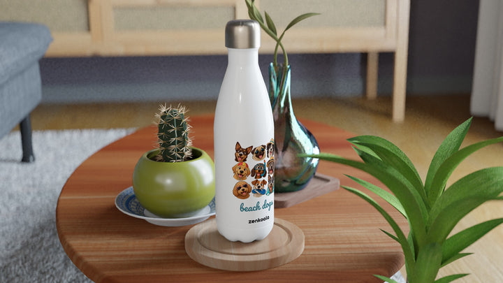 Beach Dogs water bottle on a wooden table with a cactus, Zen Koala Australia