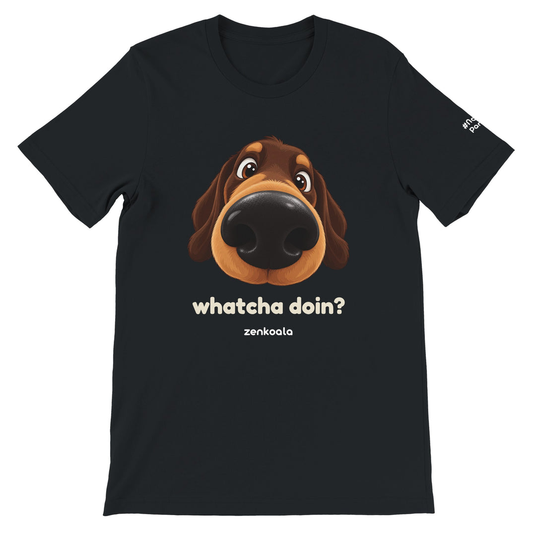 Whatcha Doin? feel-good tee in black, Zen Koala Australia