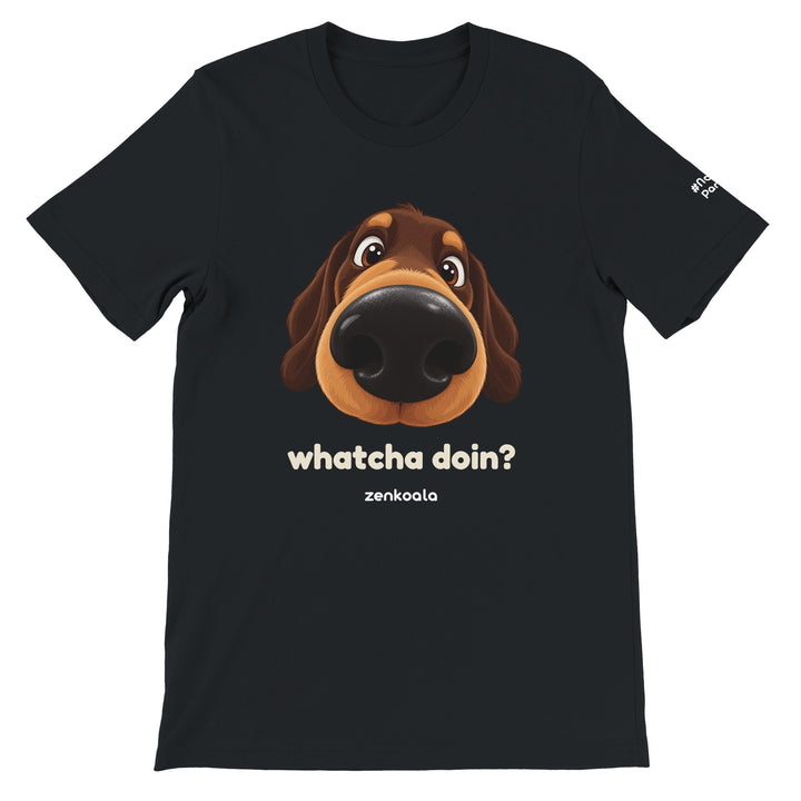 Whatcha Doin? feel-good tee in black, Zen Koala Australia