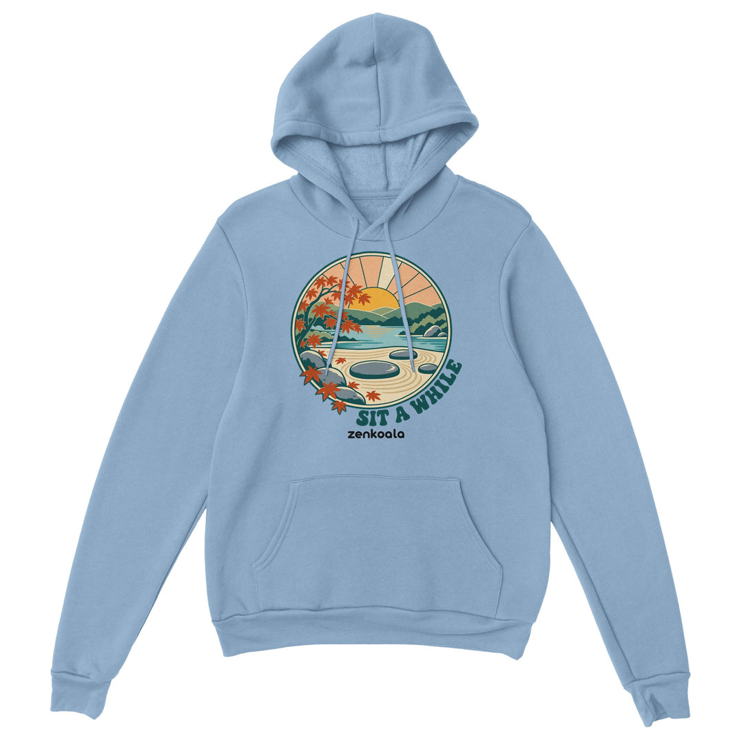 Zen Garden Sit a While feel-good hoodie in light blue, Zen Koala Australia