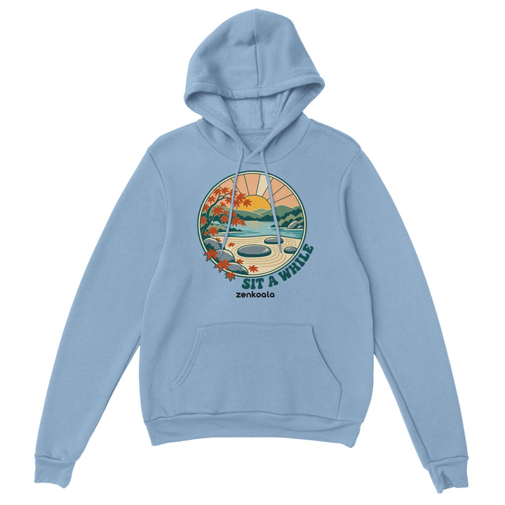 Zen Garden Sit a While feel-good hoodie in light blue, Zen Koala Australia