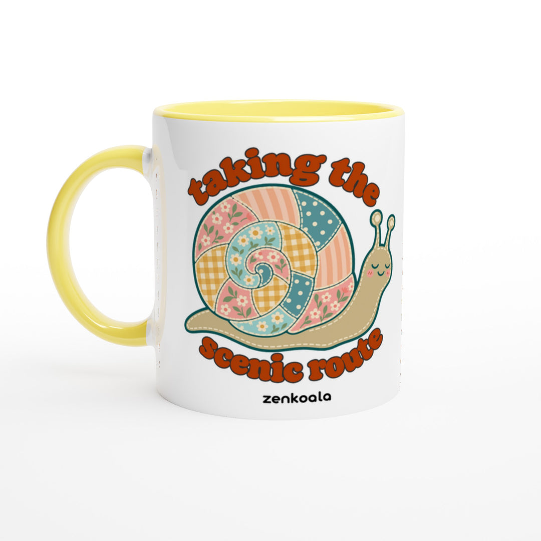 Taking the Scenic Route Snail feel-good mug: a faux patchwork snail, Zen Koala Australia