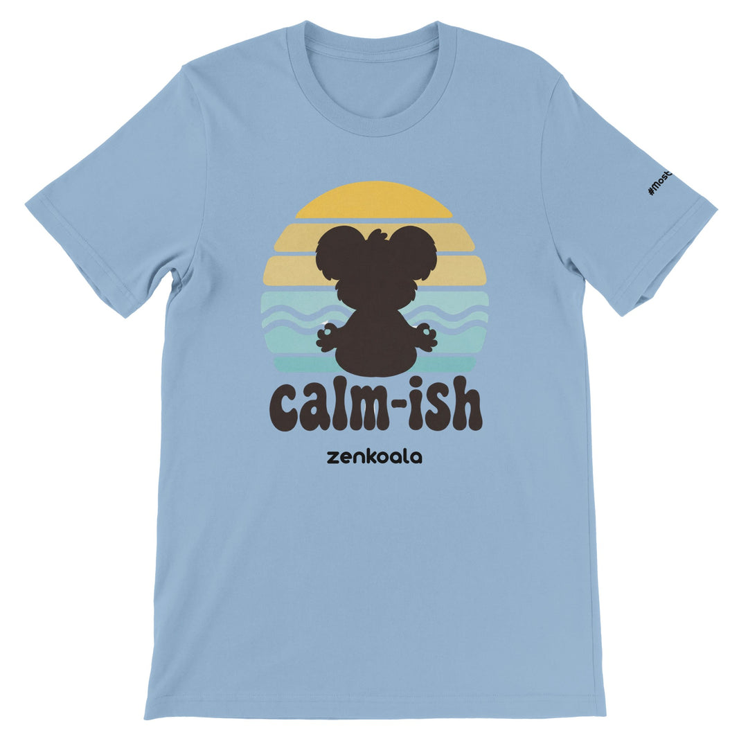 Calm-ish Retro Sunset Koala feel-good tee in light blue — Zen Koala Australia