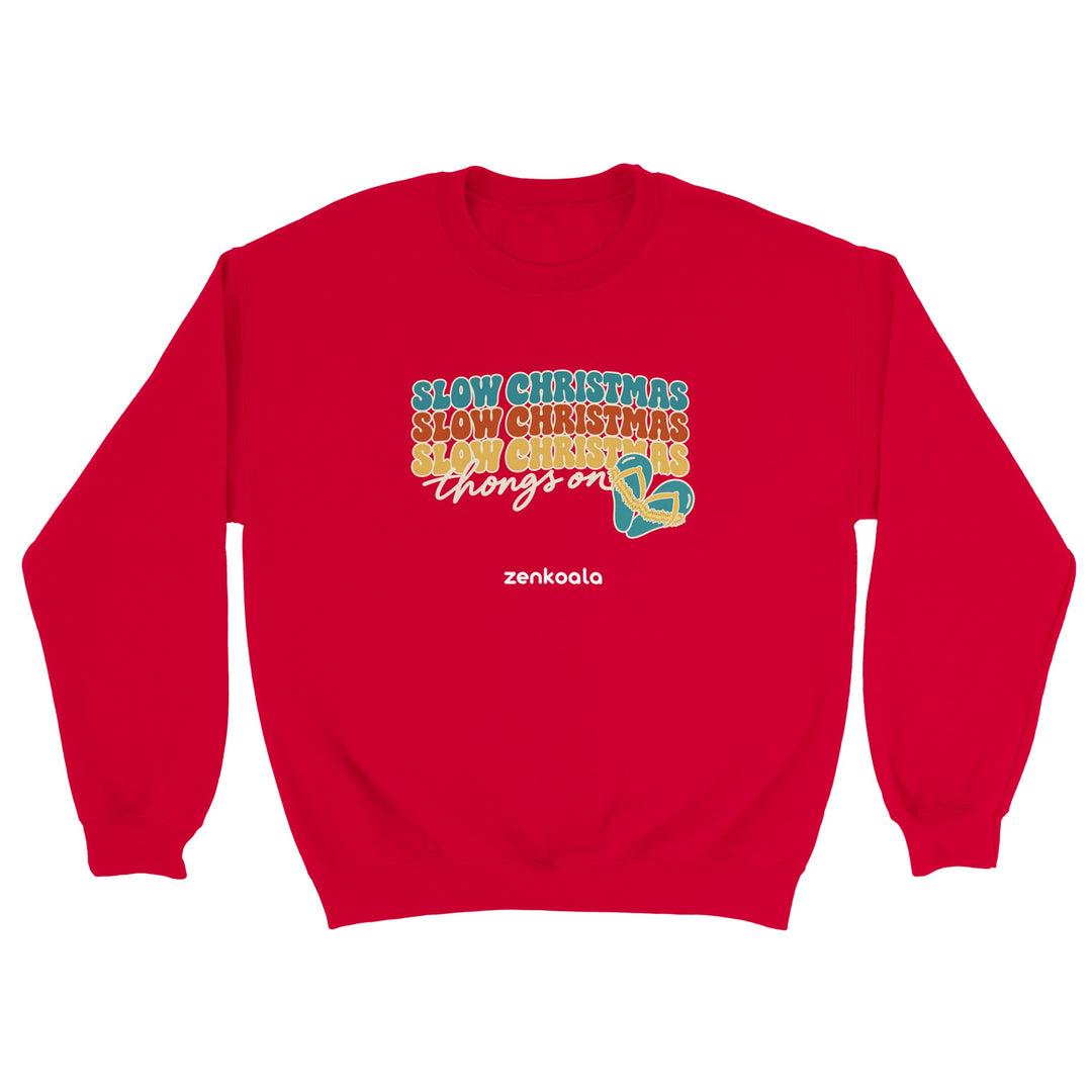 Slow Christmas Thongs On feel-good sweatshirt in red, Zen Koala Australia