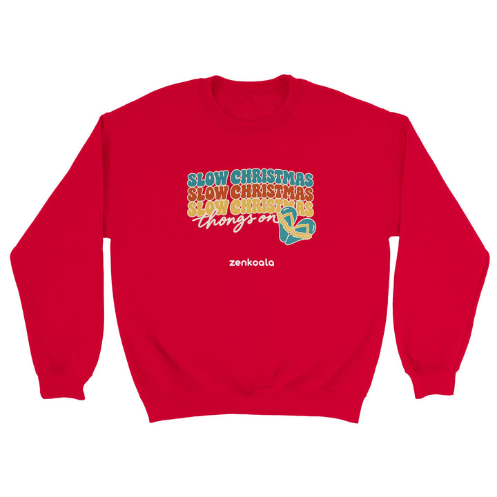 Slow Christmas Thongs On feel-good sweatshirt in red, Zen Koala Australia