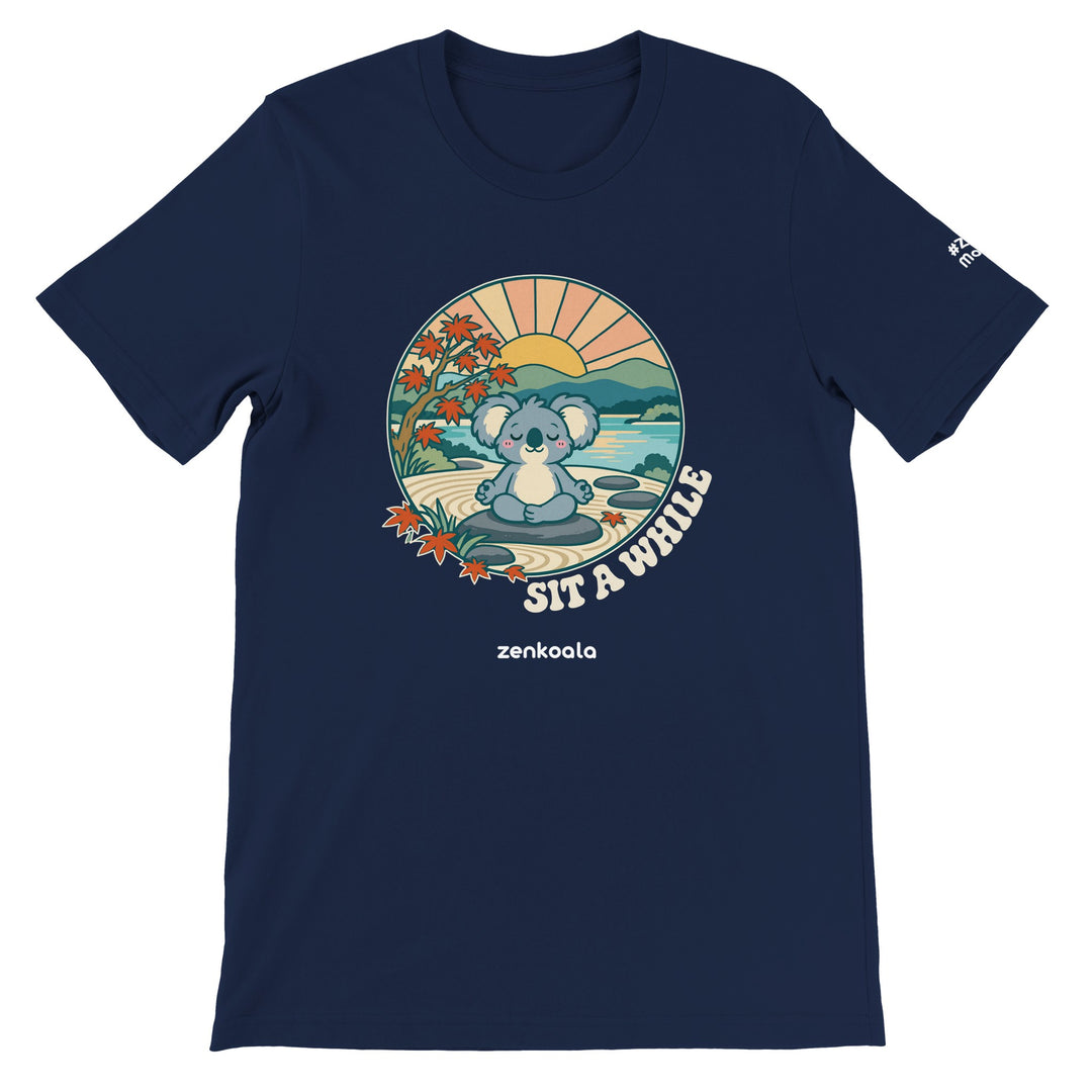 Sit a While feel-good tee in navy, Zen Koala Australia
