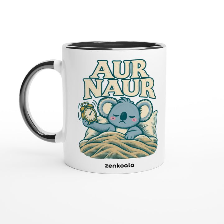 Aur Naur feel-good mug: a betrayed koala holding a ringing alarm clock, Zen Koala Australia