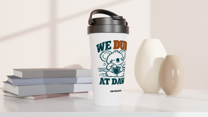 We Dunk at Dawn travel mug beside books and vases, Zen Koala Australia