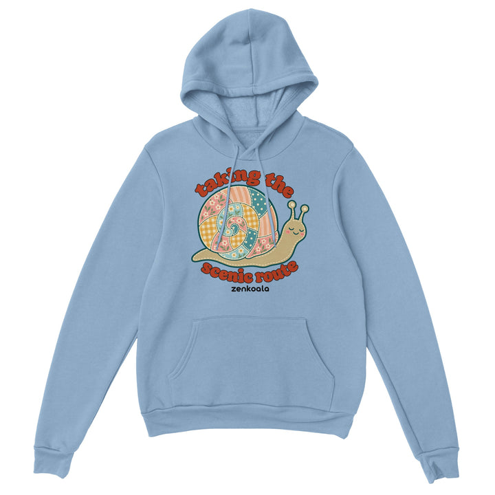 Taking the Scenic Route Snail feel-good hoodie in light blue, Zen Koala Australia
