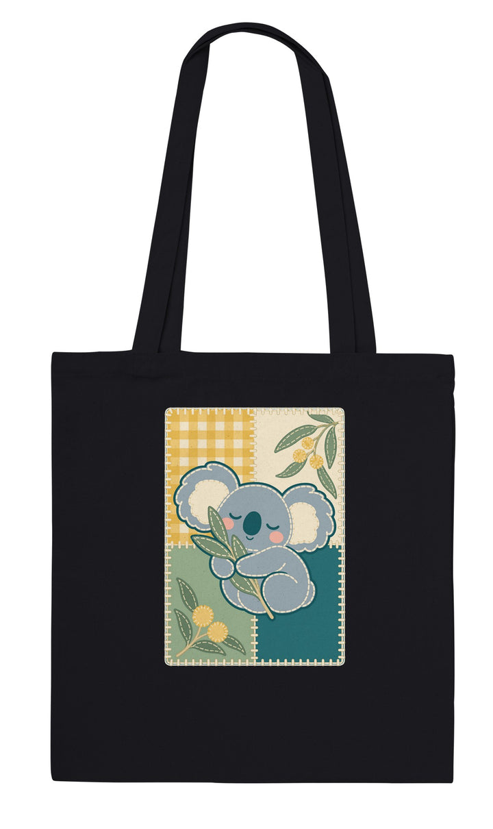 Koala Quilt feel-good tote bag in black: a sleeping koala on a quilt block, Zen Koala Australia