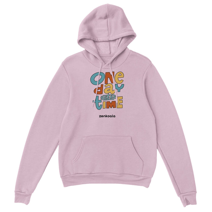 One Day at a Time feel-good hoodie in light pink: bright retro letters, one day at a time, Zen Koala Australia