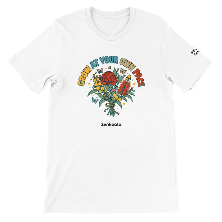 Grow at Your Own Pace feel-good tee in white: a bouquet of Aussie wildflowers, Zen Koala Australia