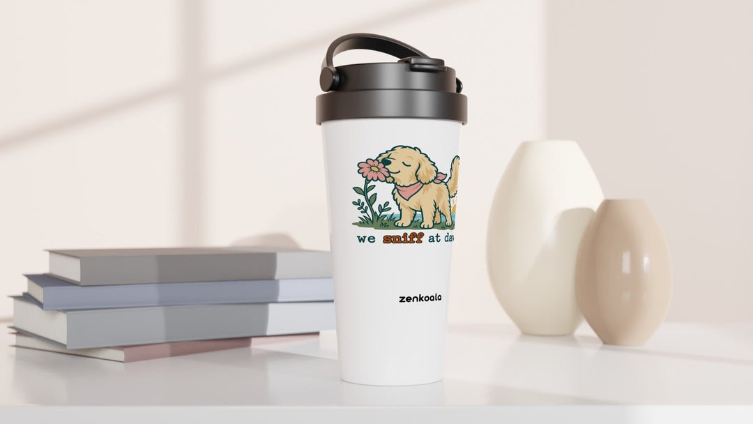 We Sniff at Dawn travel mug beside books and vases, Zen Koala Australia