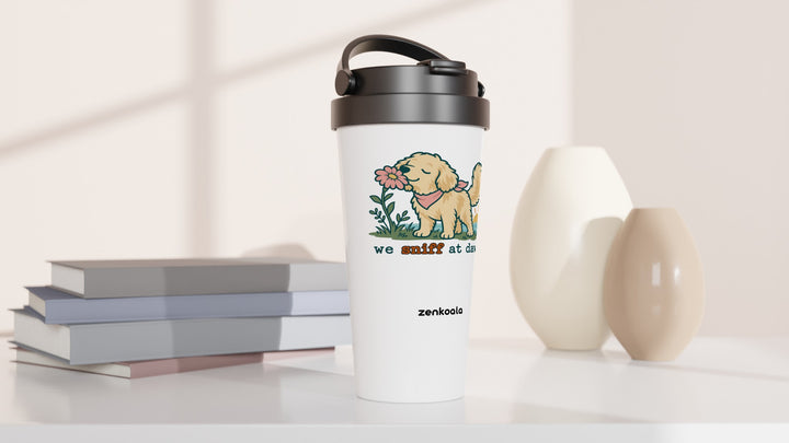 We Sniff at Dawn travel mug beside books and vases, Zen Koala Australia