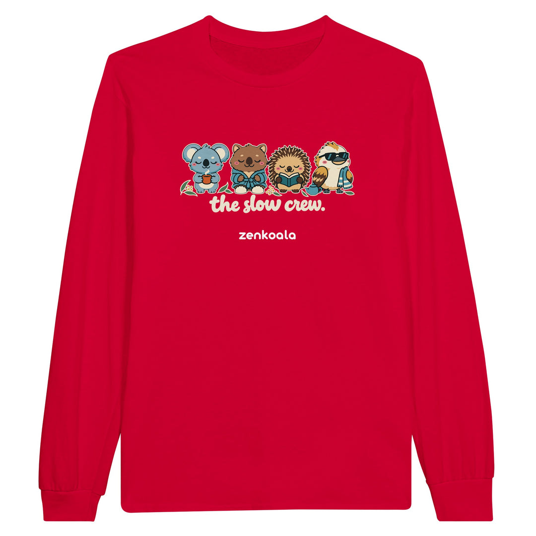 The Slow Crew feel-good long sleeve tee in red, Zen Koala Australia