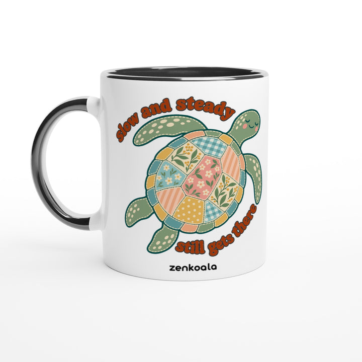 Slow and Steady Turtle mug in black: white with a black rim, inside and handle, Zen Koala Australia