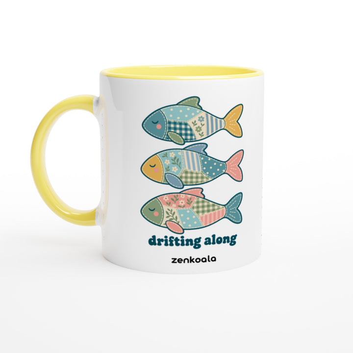 Drifting Along Fish mug in yellow: white with a yellow rim, inside and handle, Zen Koala Australia