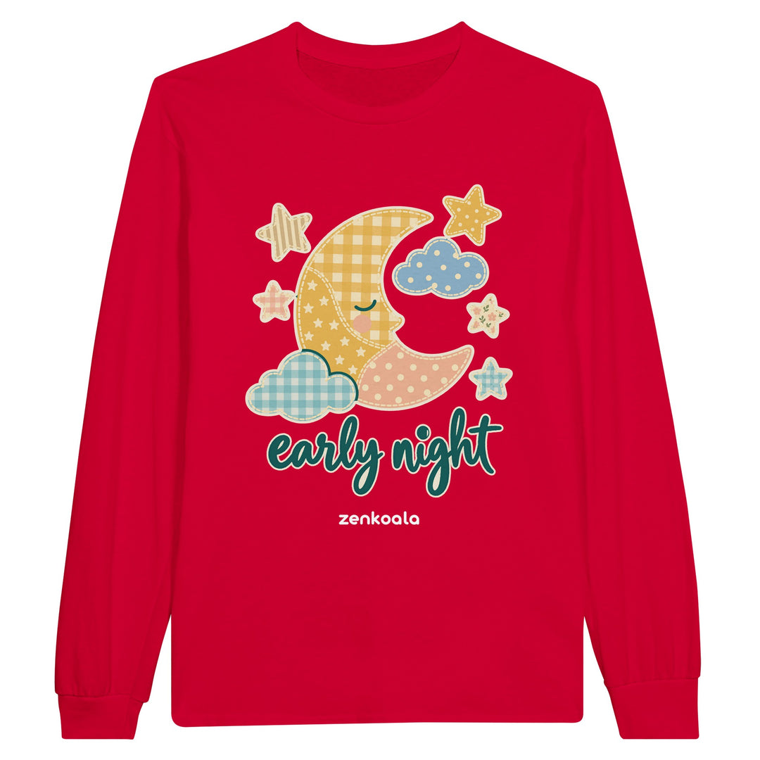 Early Night Moon feel-good long sleeve tee in red, Zen Koala Australia