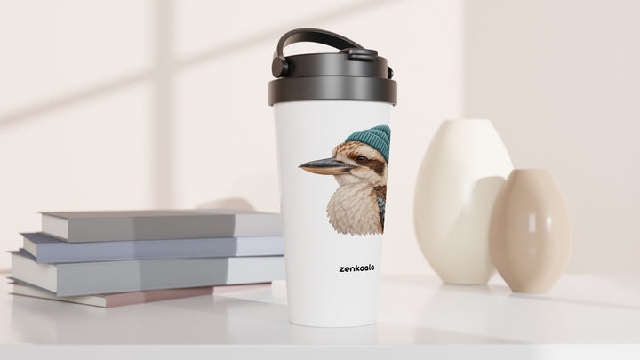 Kookaburra Beanie travel mug beside books and vases, Zen Koala Australia