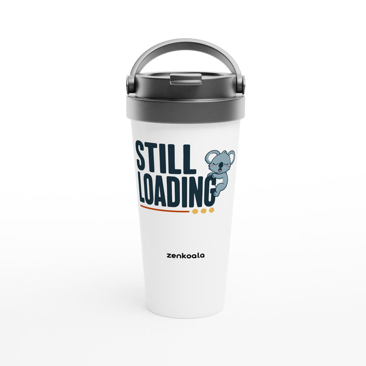 Still Loading Koala feel-good travel mug: a sleepy koala hanging off the letters, Zen Koala Australia