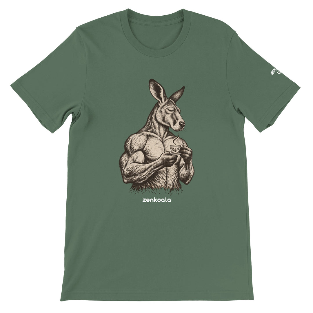 Buff Roo Teacup feel-good tee in military green, Zen Koala Australia