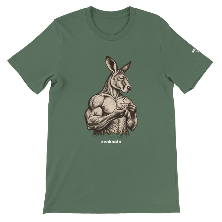 Buff Roo Teacup feel-good tee in military green, Zen Koala Australia
