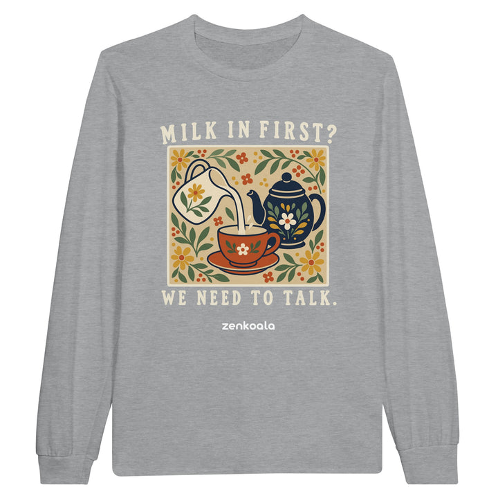 Milk in First feel-good long sleeve tee in sports grey, Zen Koala Australia