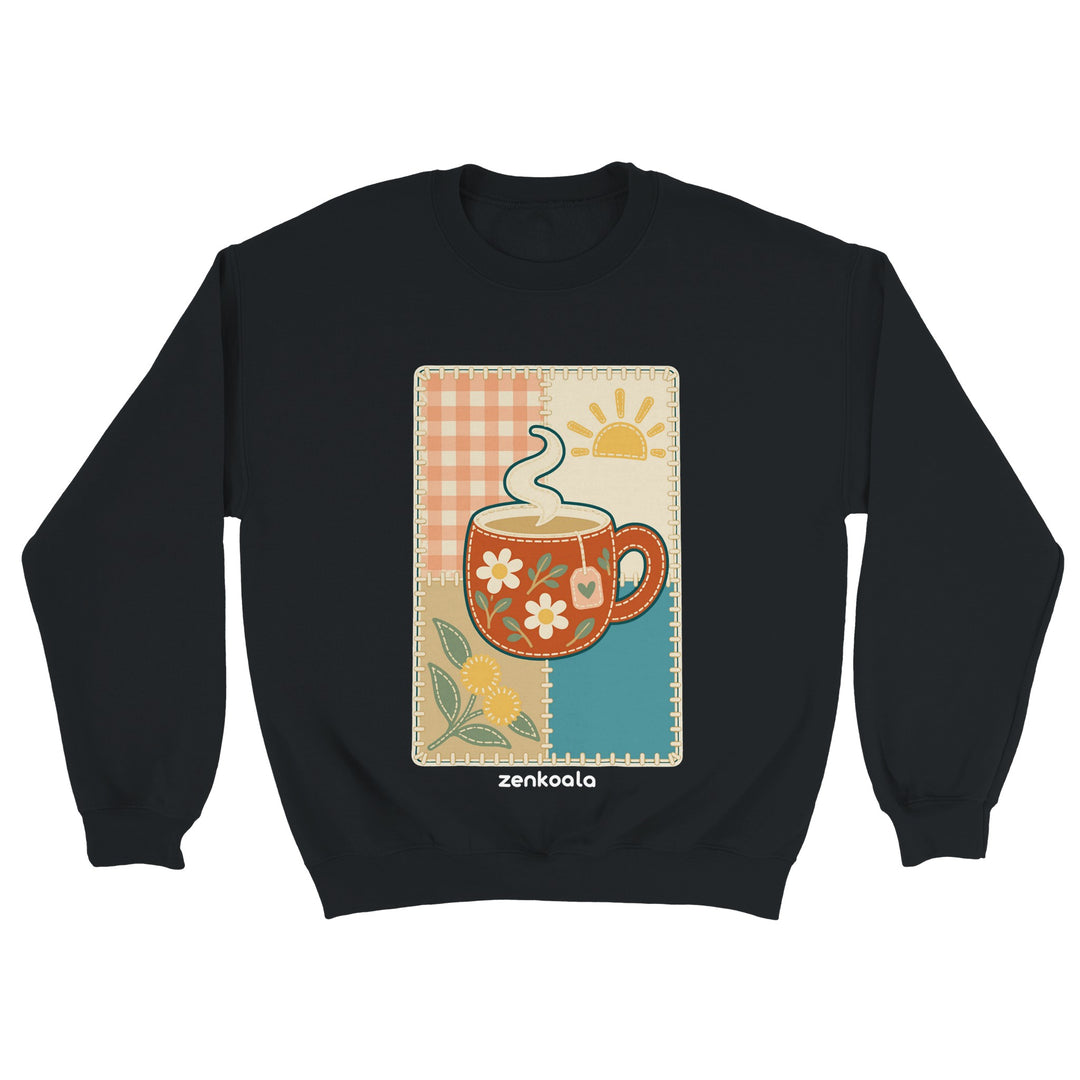 Cuppa Quilt feel-good sweatshirt in black, Zen Koala Australia