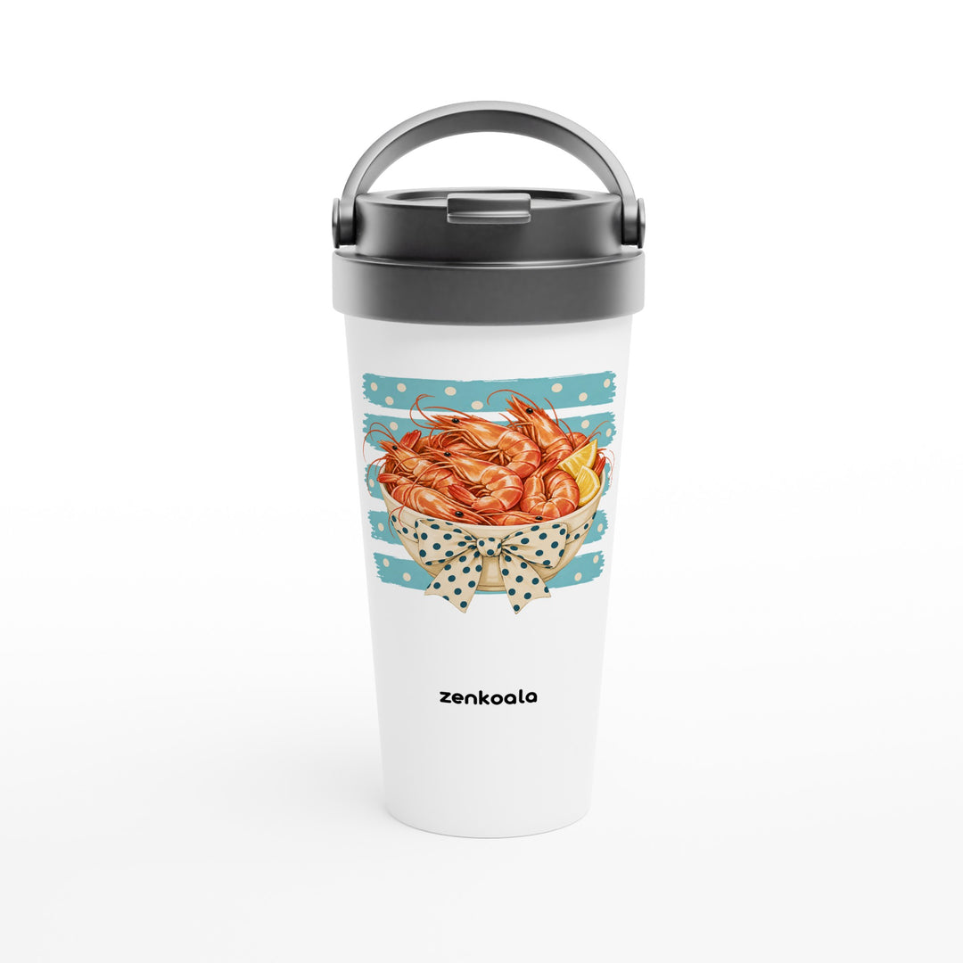 Prawns feel-good travel mug: a bowl of prawns with a bow, Zen Koala Australia
