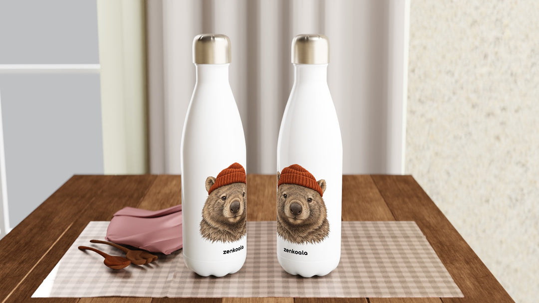 Two Wombat Beanie water bottles on a table, Zen Koala Australia