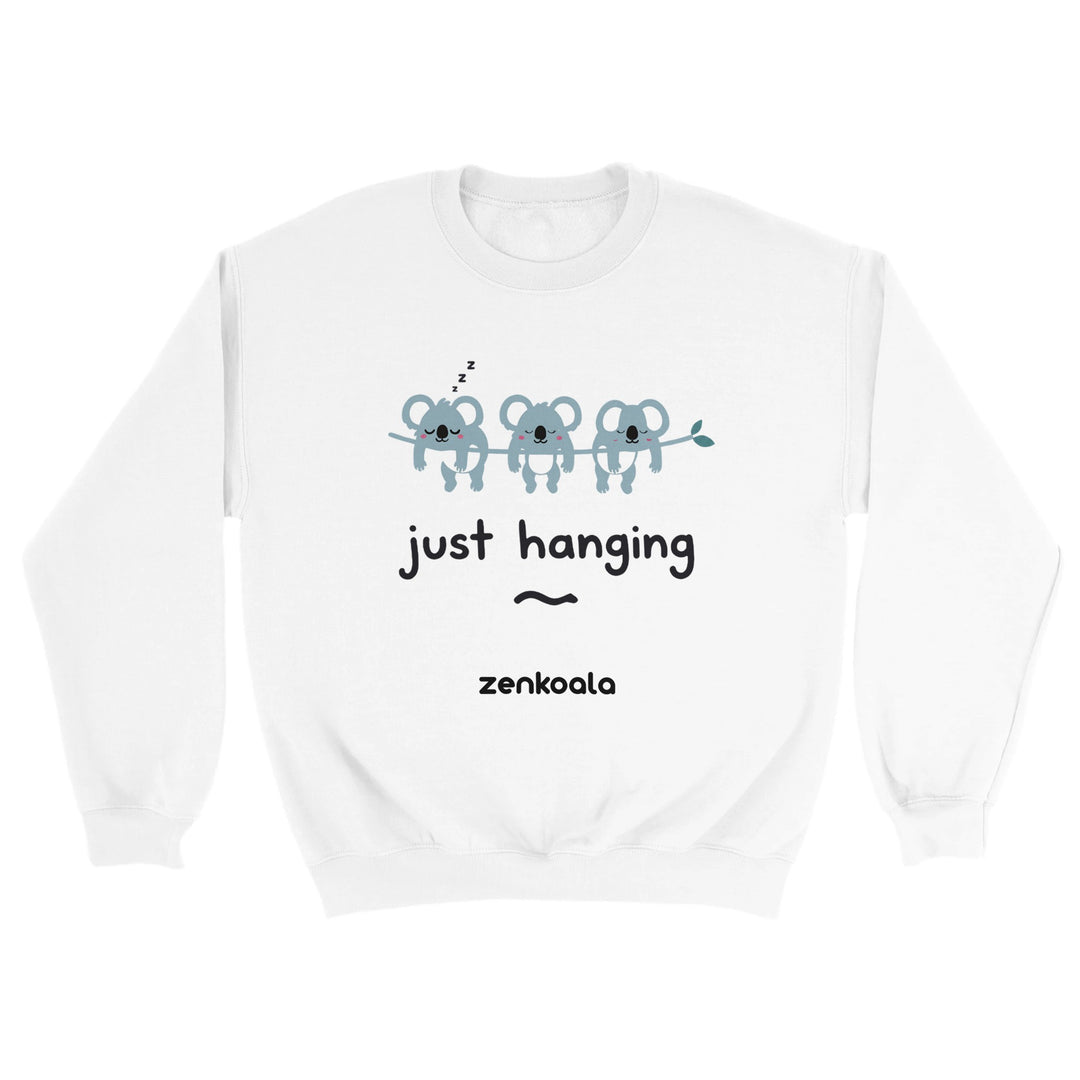 Just Hanging feel-good sweatshirt in white — Zen Koala Australia