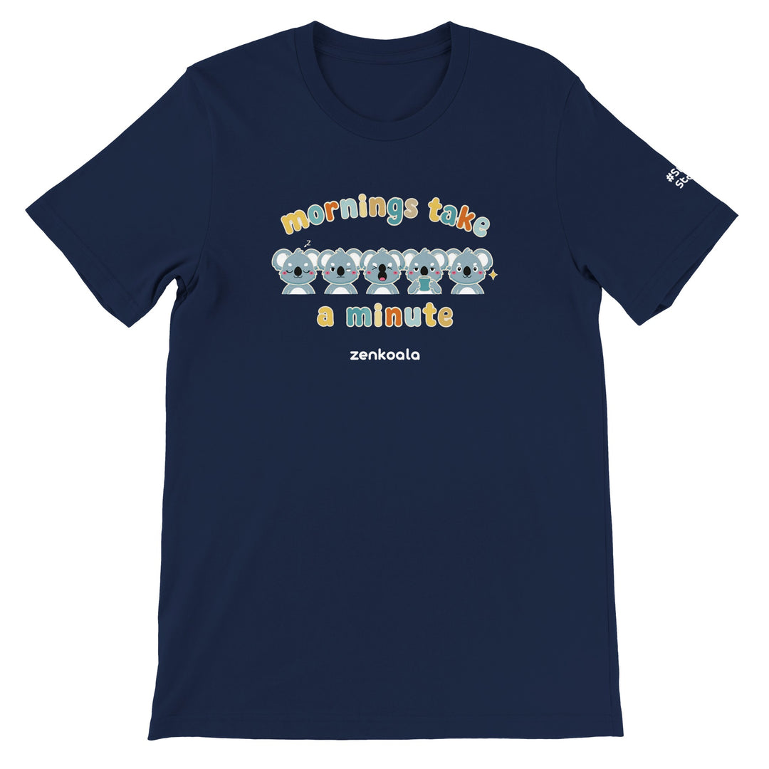Mornings Take a Minute feel-good tee in navy, Zen Koala Australia